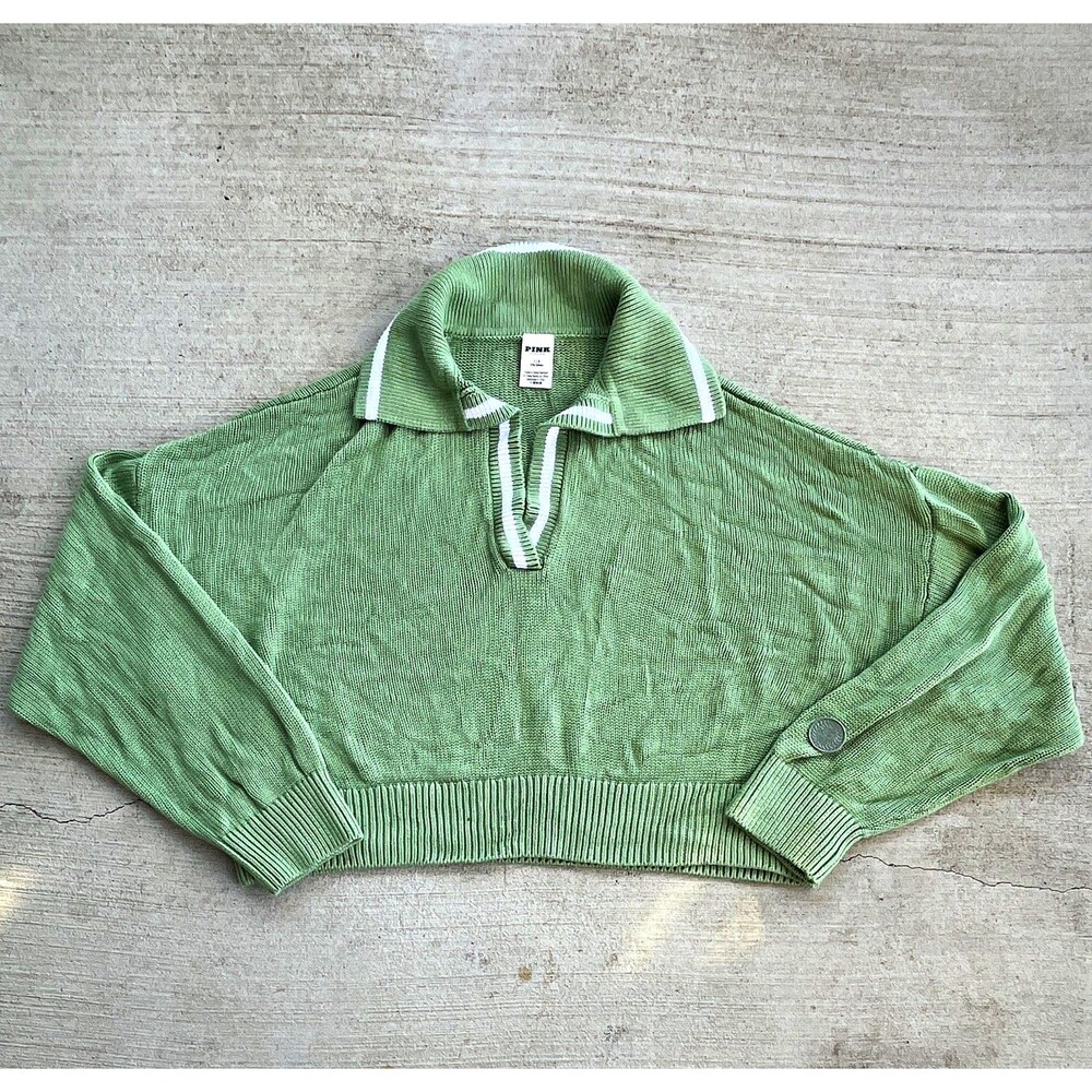 PINK Collared Pullover Sweater Womens Large Green White Rib-Knit Relaxed Cropped